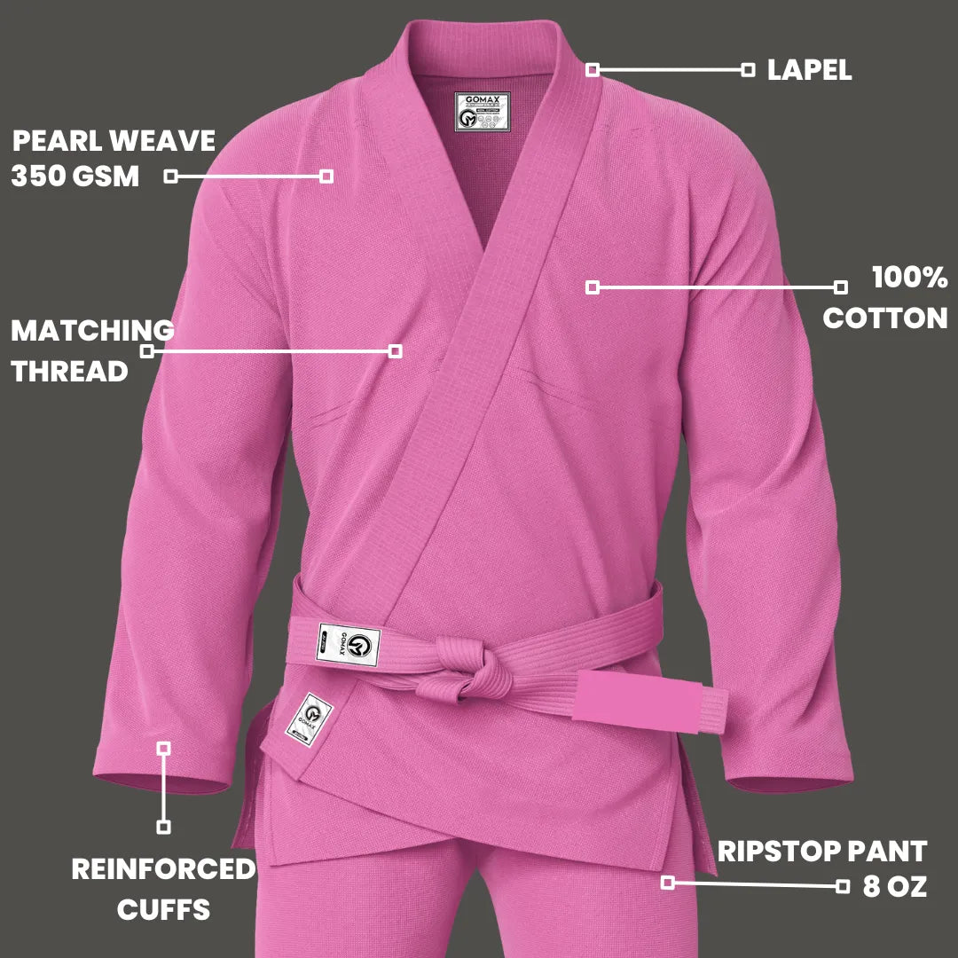 Durable pink gi laid flat with pearl weave jacket and reinforced seams for daily use