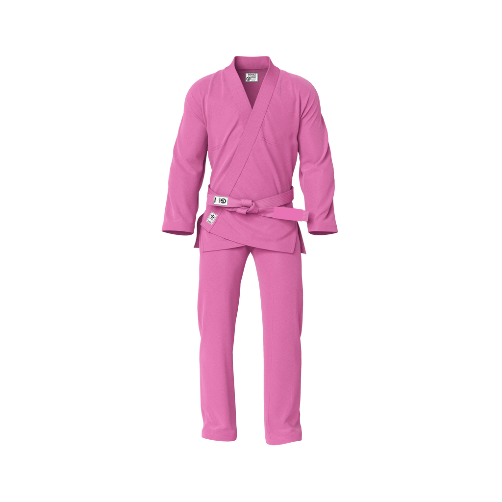 BJJ gi pink design worn by female athlete during training session with white belt and tapered fit