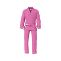 BJJ gi pink design worn by female athlete during training session with white belt and tapered fit