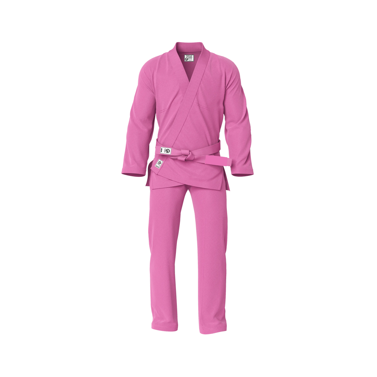BJJ gi pink design worn by female athlete during training session with white belt and tapered fit