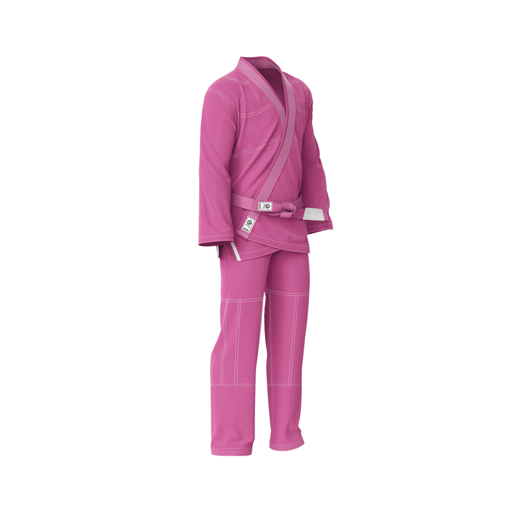 Youth pink BJJ gi displayed with pearl weave jacket and tapered sleeve design
