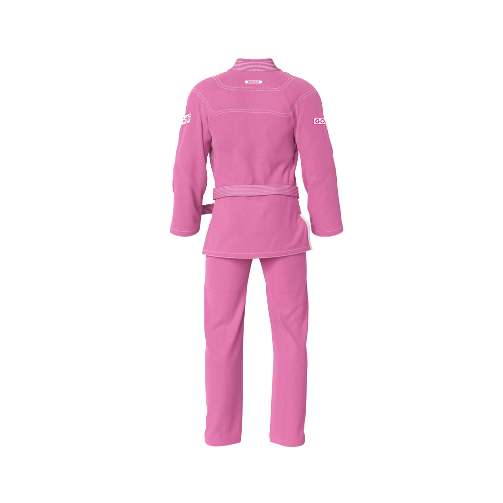 pink gi BJJ uniform crafted for grappling, rolling, and tournament use with premium cotton weave