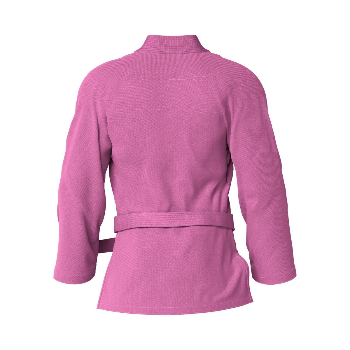 Back angle of basic pink gi tailored for white belts and starter-level Brazilian jiu jitsu training.