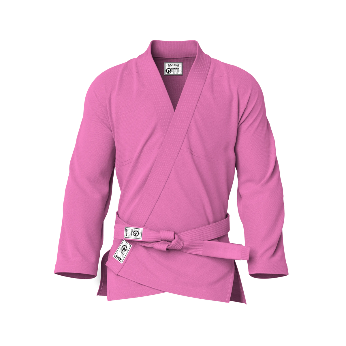 Front view of pink gi for beginners showing classic cut and reinforced stitching for entry-level BJJ.