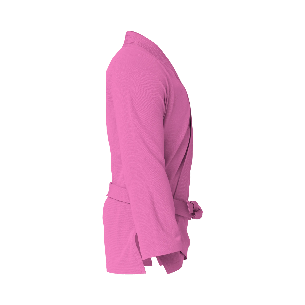 Side profile of starter pink BJJ gi highlighting pearl weave texture and durable construction.