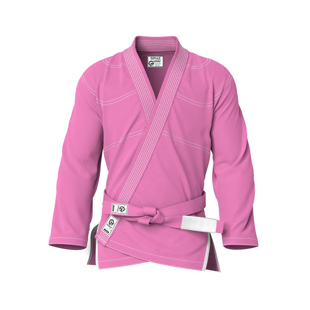 Front view of pink gi for training showing reinforced stitching and sleek fit for sparring and drills.