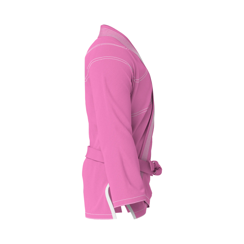 Side profile of pink gi for sparring highlighting pearl weave texture and athletic silhouette.