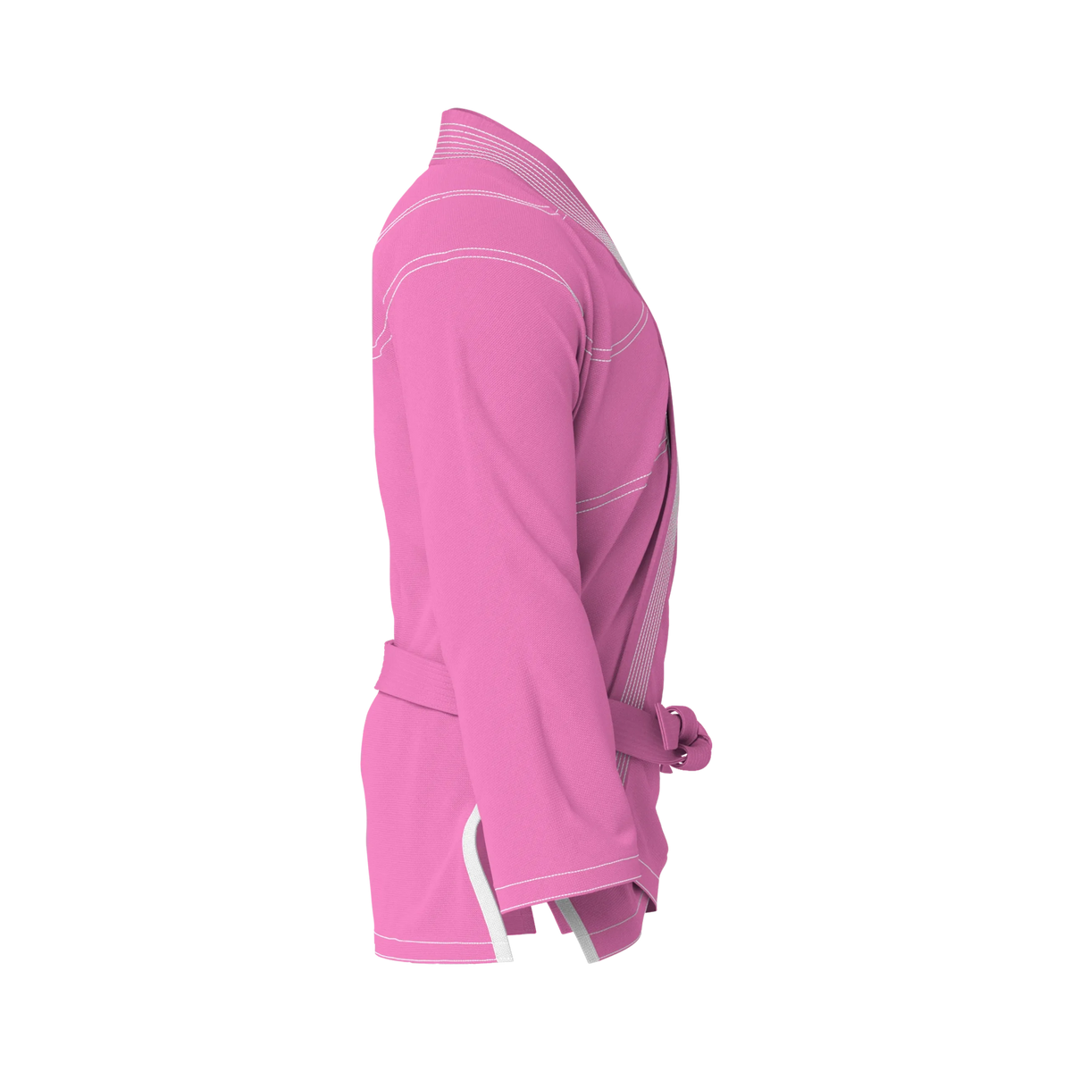 Side profile of pink gi for sparring highlighting pearl weave texture and athletic silhouette.