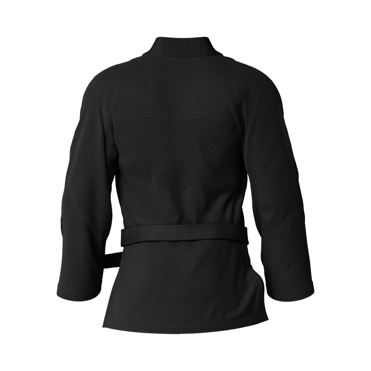 Stealth black gi displayed on a training mat, designed for Brazilian jiu jitsu athletes of all levels.