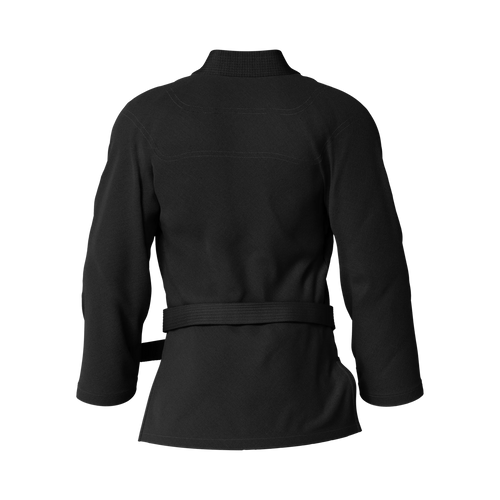 Stealth black gi displayed on a training mat, designed for Brazilian jiu jitsu athletes of all levels.