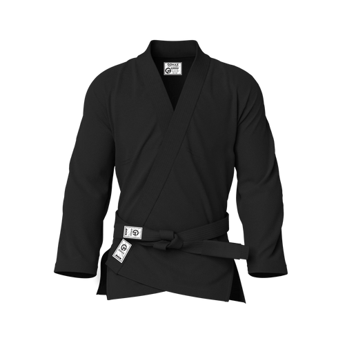 Black BJJ gi for men with reinforced stitching and pearl weave cotton, ideal for jiu jitsu training.