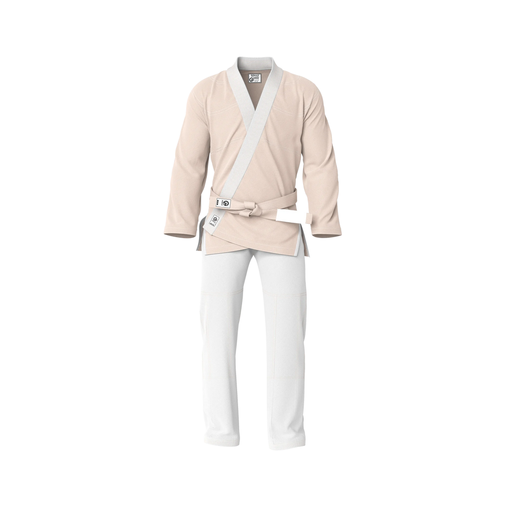 Premium cream BJJ gi front view showing luxury construction and elite detailing