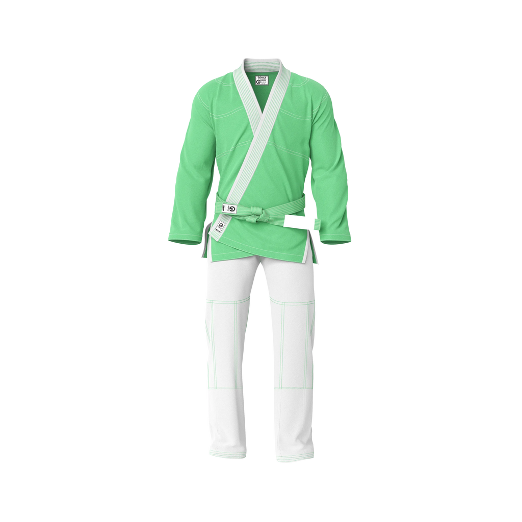 Premium green BJJ gi front view showing luxury construction and elite detailing