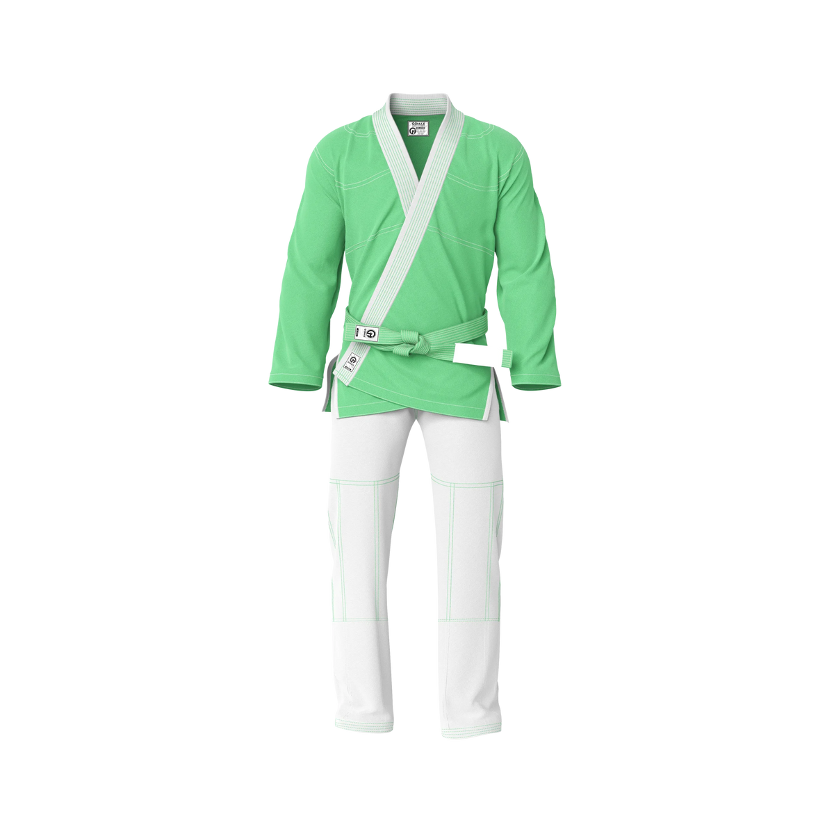 Premium green BJJ gi front view showing luxury construction and elite detailing