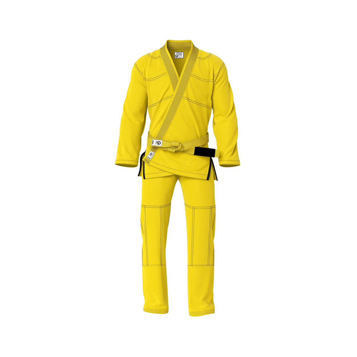 Premium yellow BJJ gi front view showing elite construction and competition‑grade details