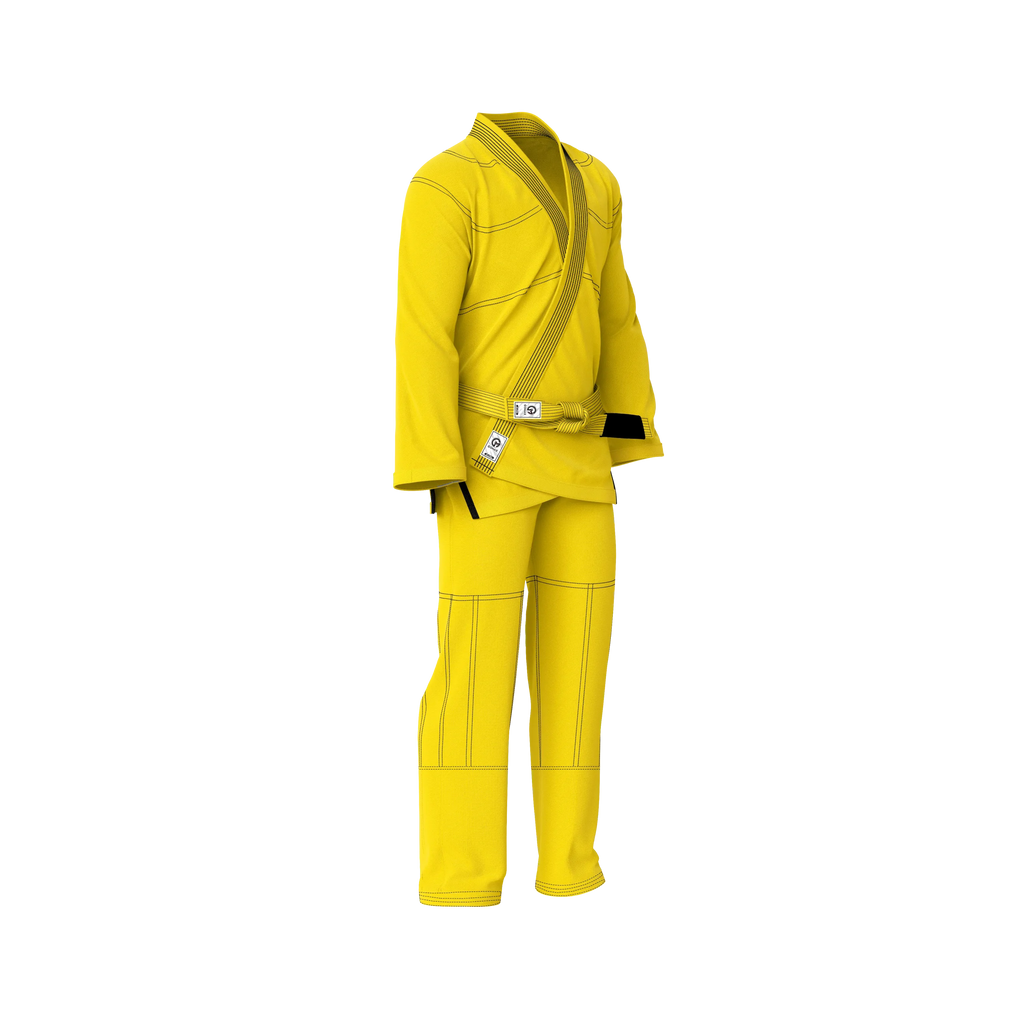 Competition grade yellow gi side angle highlighting durable weave and athletic fit