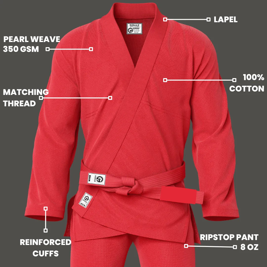 Ultralight red BJJ gi shown in motion with white belt and clean branding