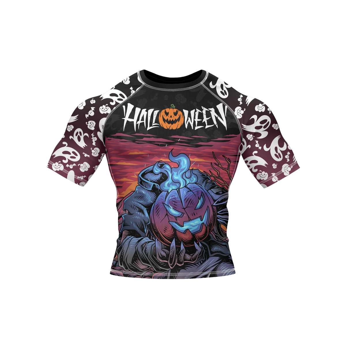 Halloween-themed compression rashguard with ghost pattern