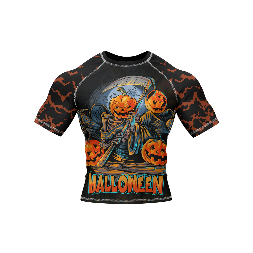 Halloween-themed compression rashguard with ghost pattern