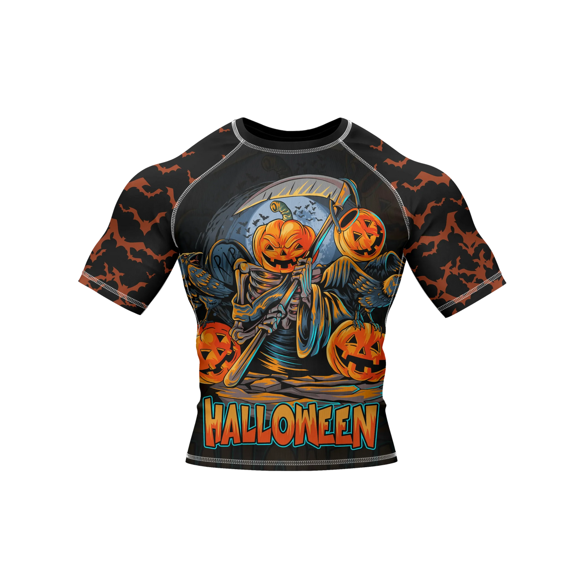 Halloween-themed compression rashguard with ghost pattern