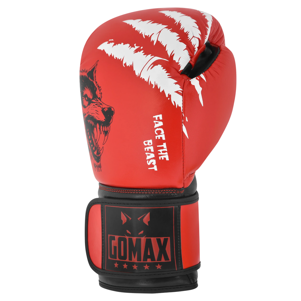 Custom boxing glove Wolf design Red/Black – side angle view