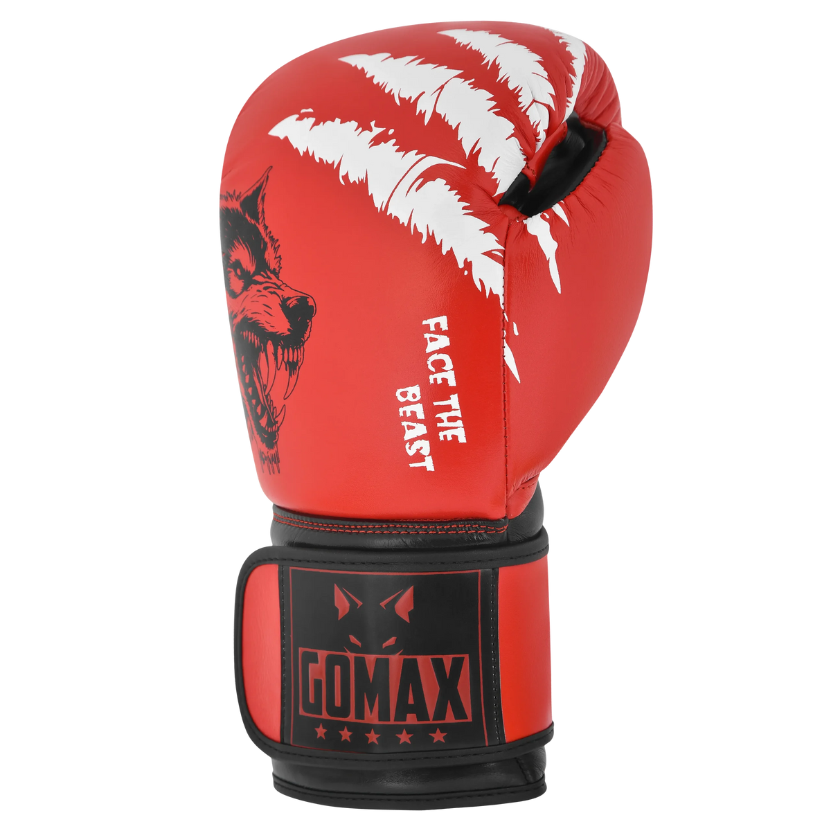 Custom boxing glove Wolf design Red/Black – side angle view
