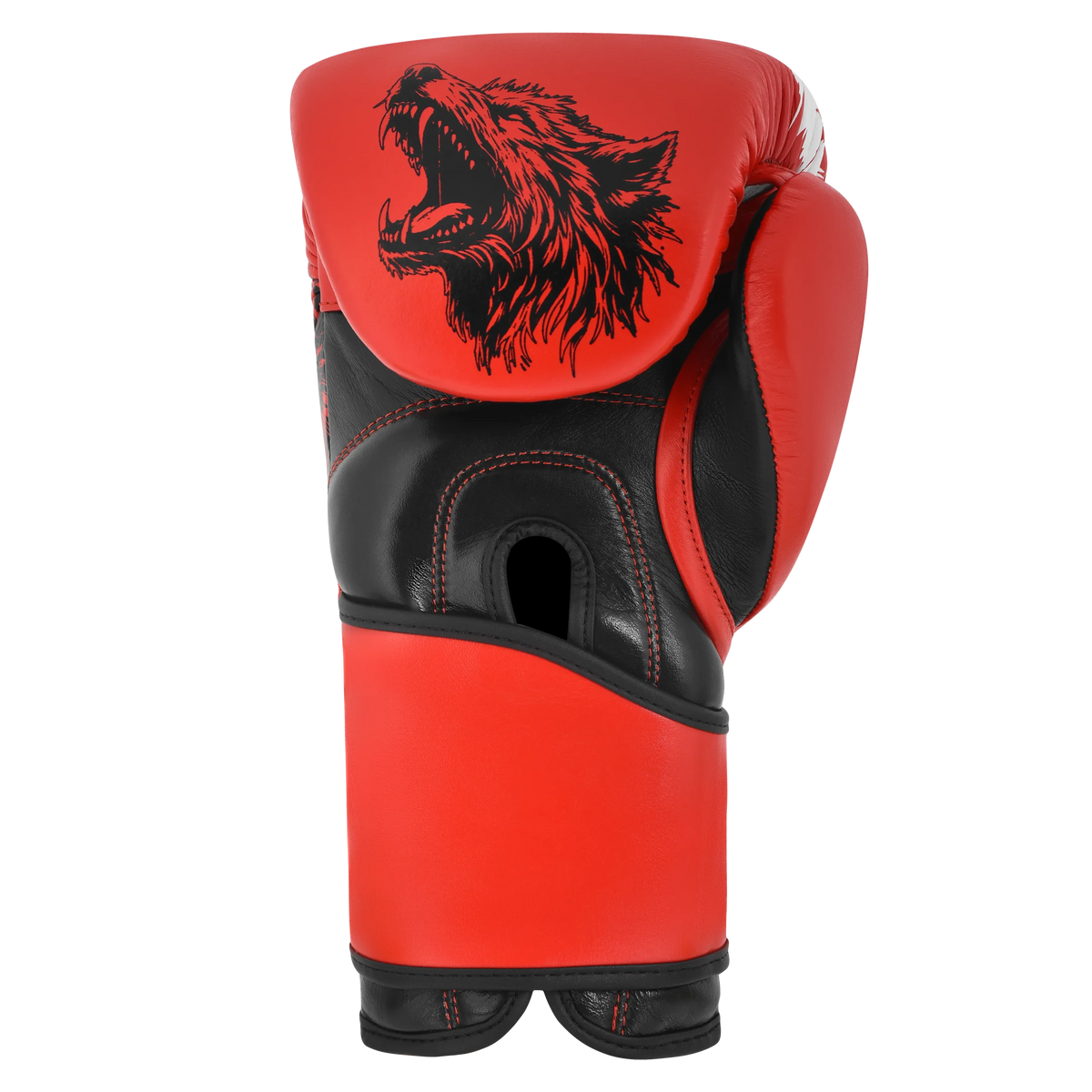 Professional boxing glove Wolf edition Red/Black – back view with wrist support