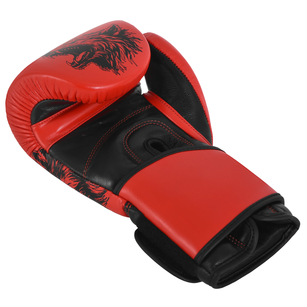 Durable Wolf boxing glove Red/Black with antimicrobial inner lining – Iron Strike Pro