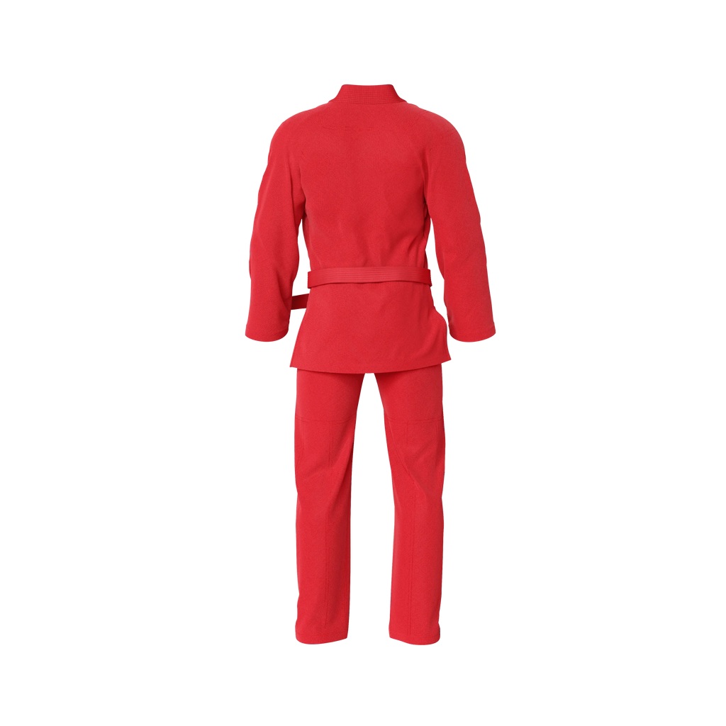 Red jiu jitsu gi displayed with reinforced seams and ripstop pants for airflow