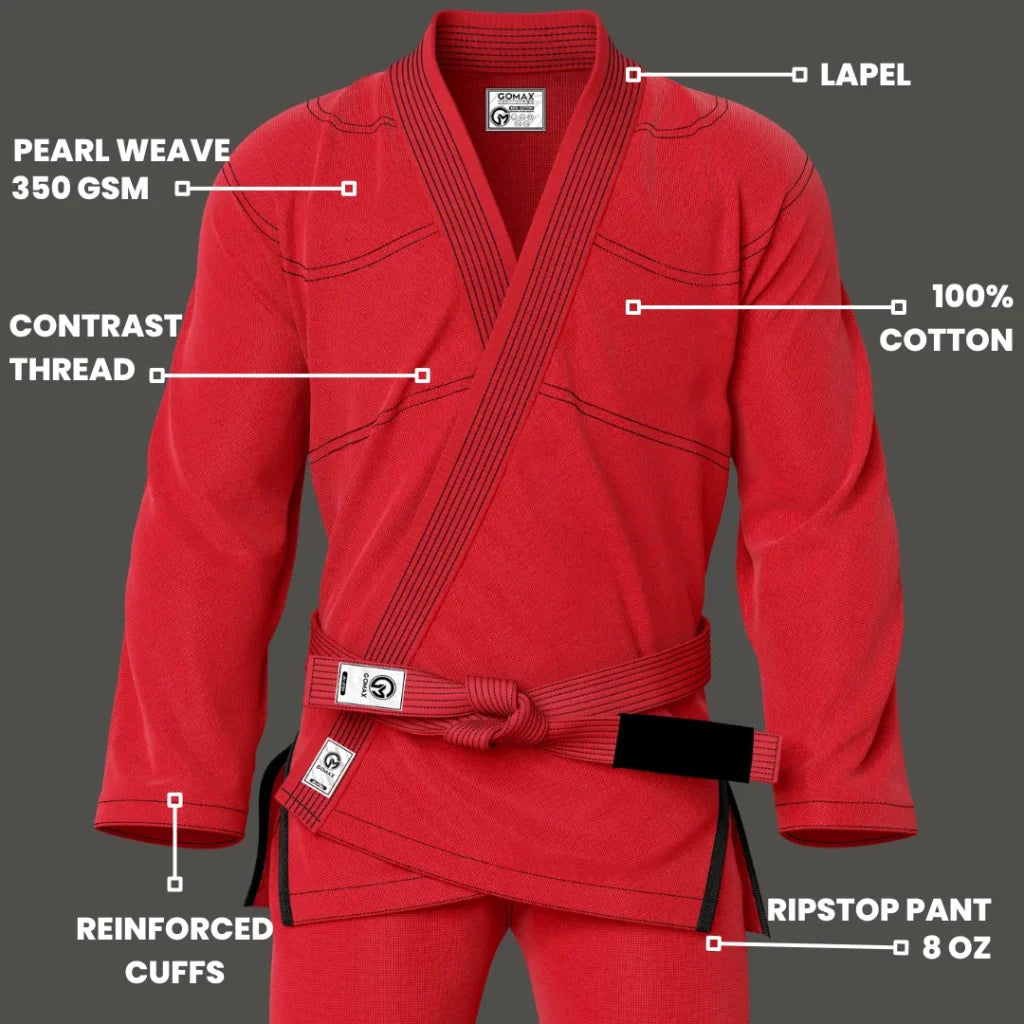 Red gi for training laid flat with reinforced seams and breathable cotton weave