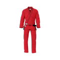 Red BJJ gi worn by male athlete during sparring session in academy setting