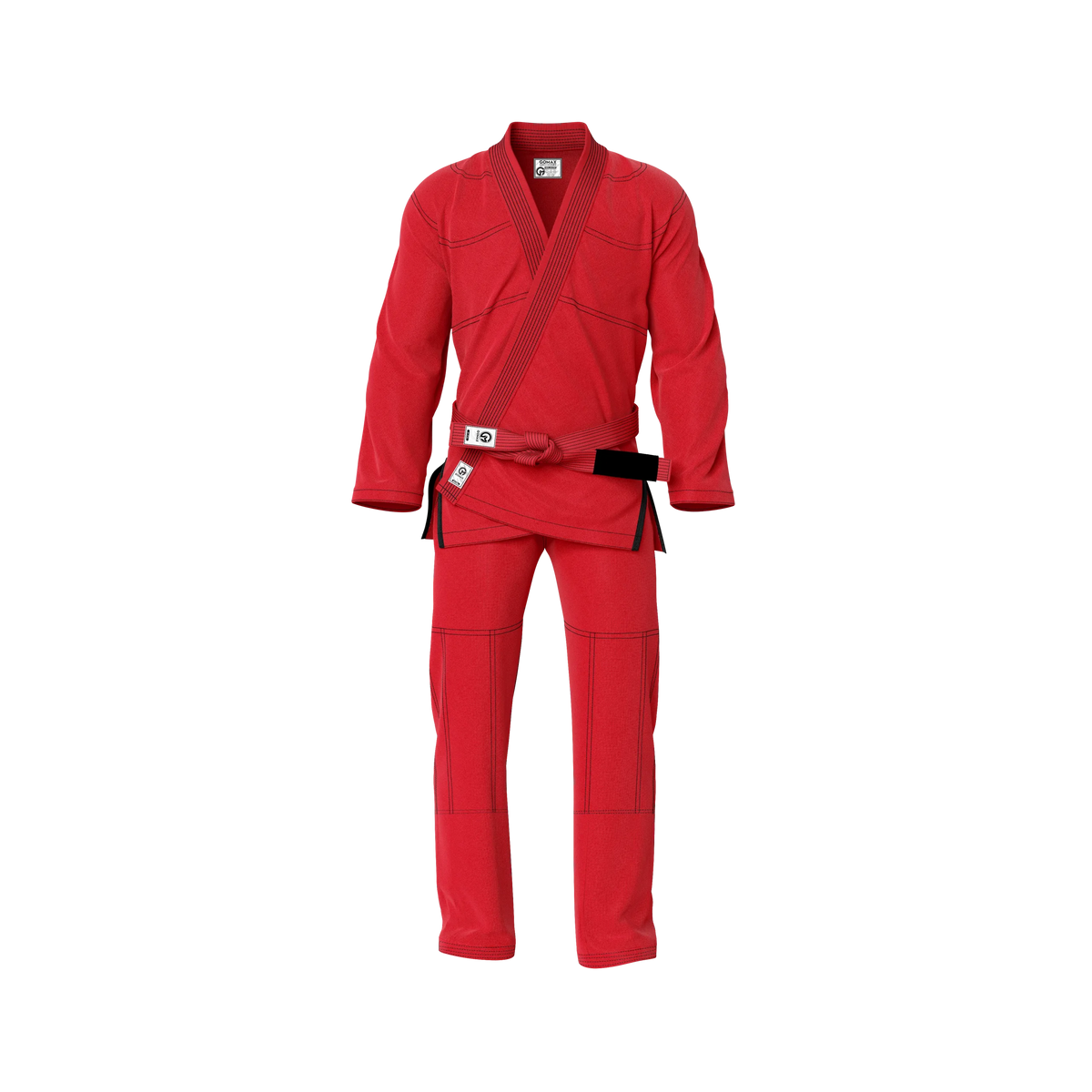 Red BJJ gi worn by male athlete during sparring session in academy setting