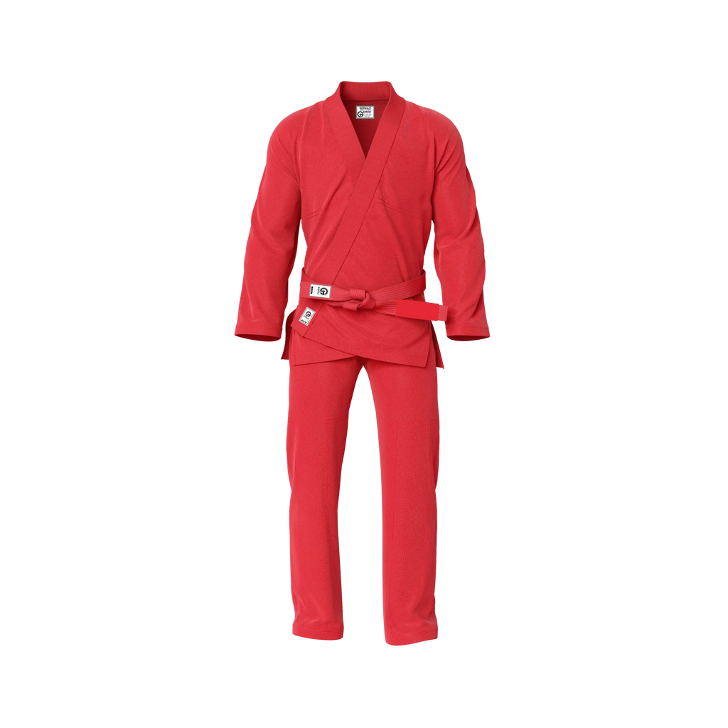 Red gi lightweight design worn by athlete during sparring session in academy setting