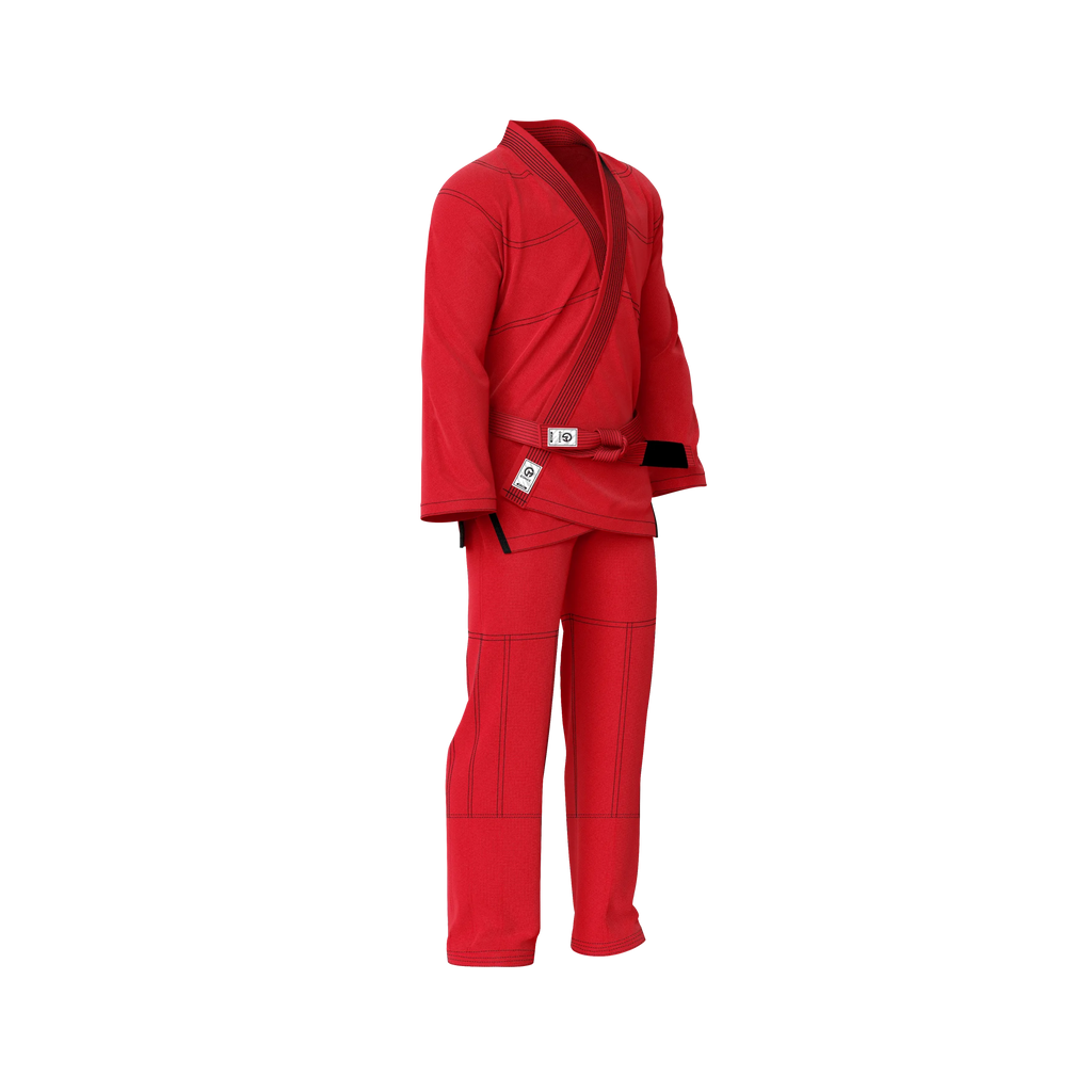 Red jiu jitsu gi displayed with pearl weave jacket and tapered sleeve design