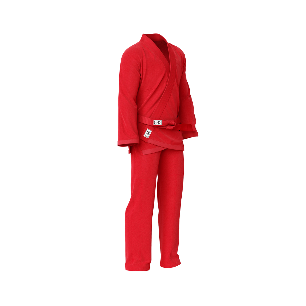 Breathable red gi laid flat with pearl weave jacket and tapered sleeve construction