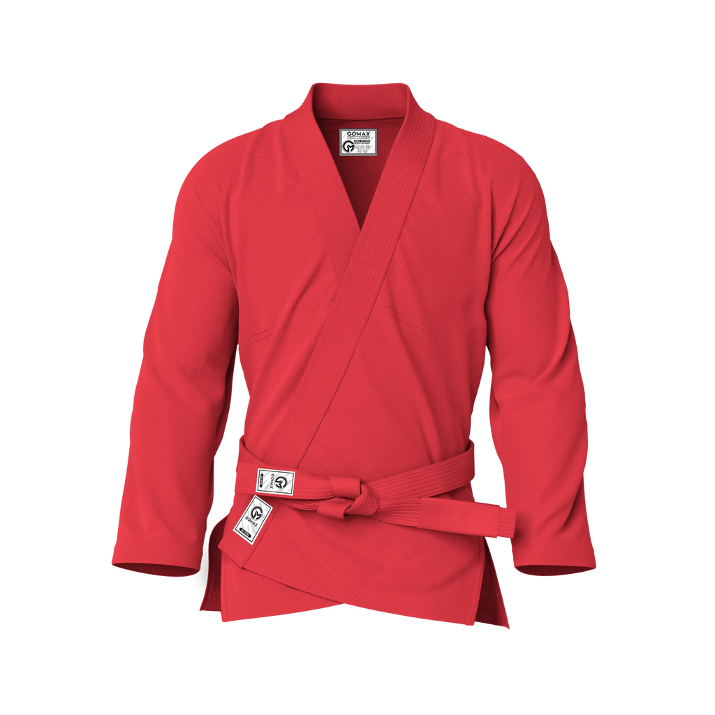 Front view of red gi for beginners showing pearl weave texture and reinforced stitching for starter BJJ.