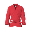 Front view of red gi for beginners showing pearl weave texture and reinforced stitching for starter BJJ.