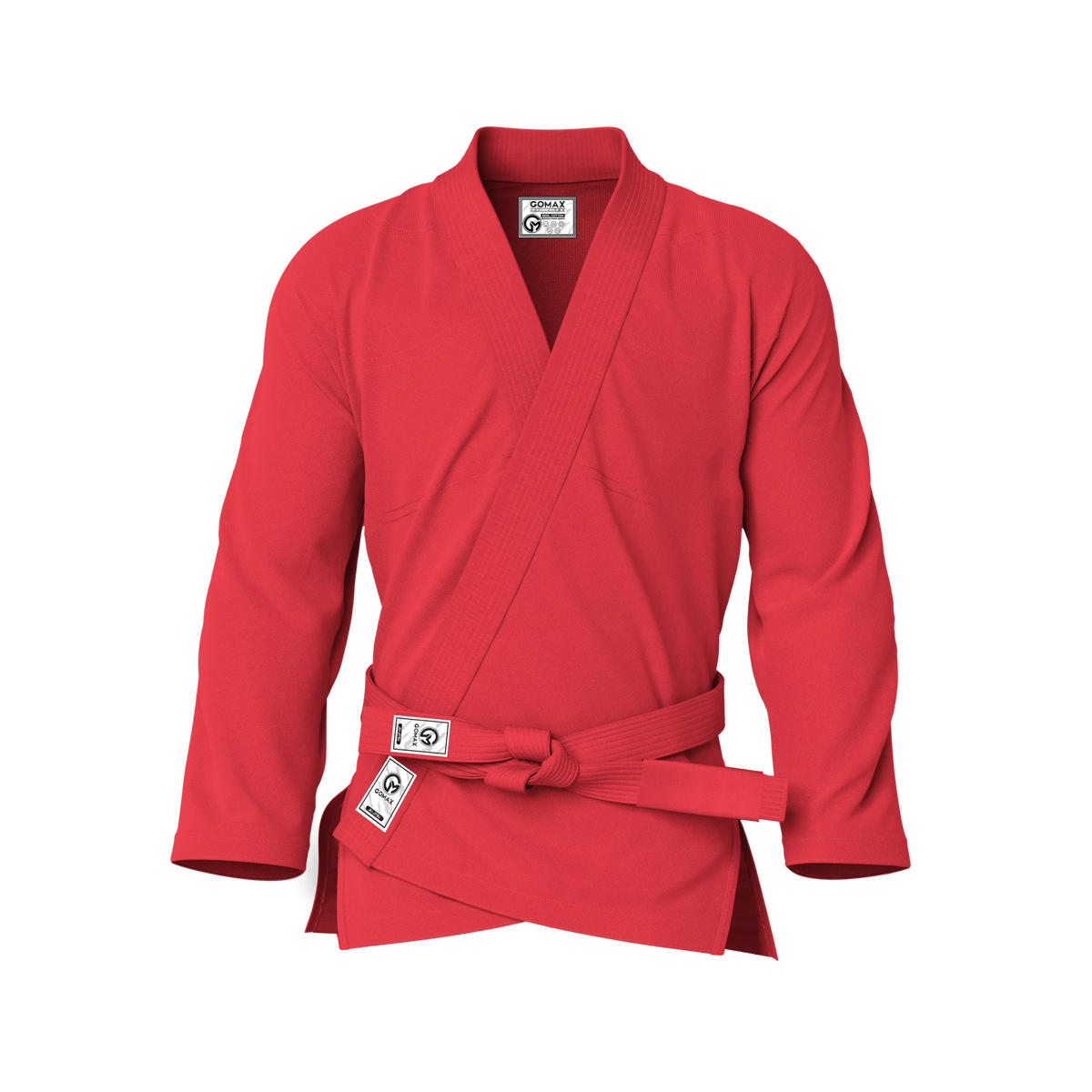 Front view of red gi for beginners showing pearl weave texture and reinforced stitching for starter BJJ.