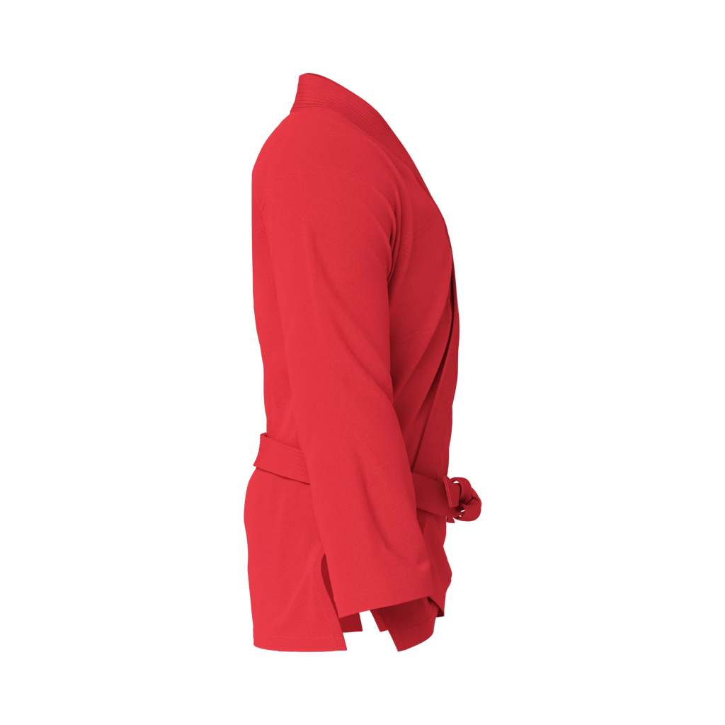 Side profile of starter red BJJ gi highlighting durable construction and classic fit for beginners.