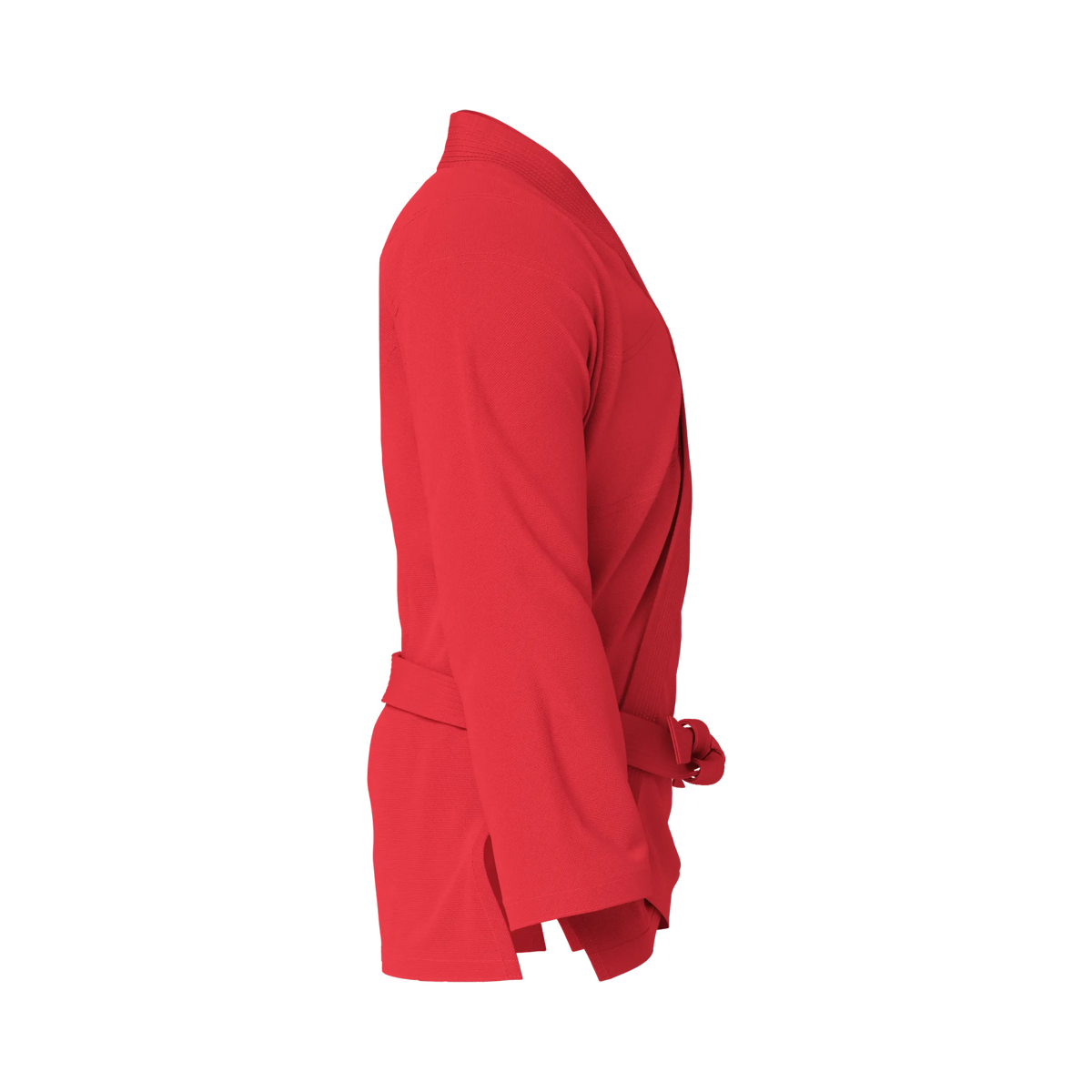 Side profile of starter red BJJ gi highlighting durable construction and classic fit for beginners.