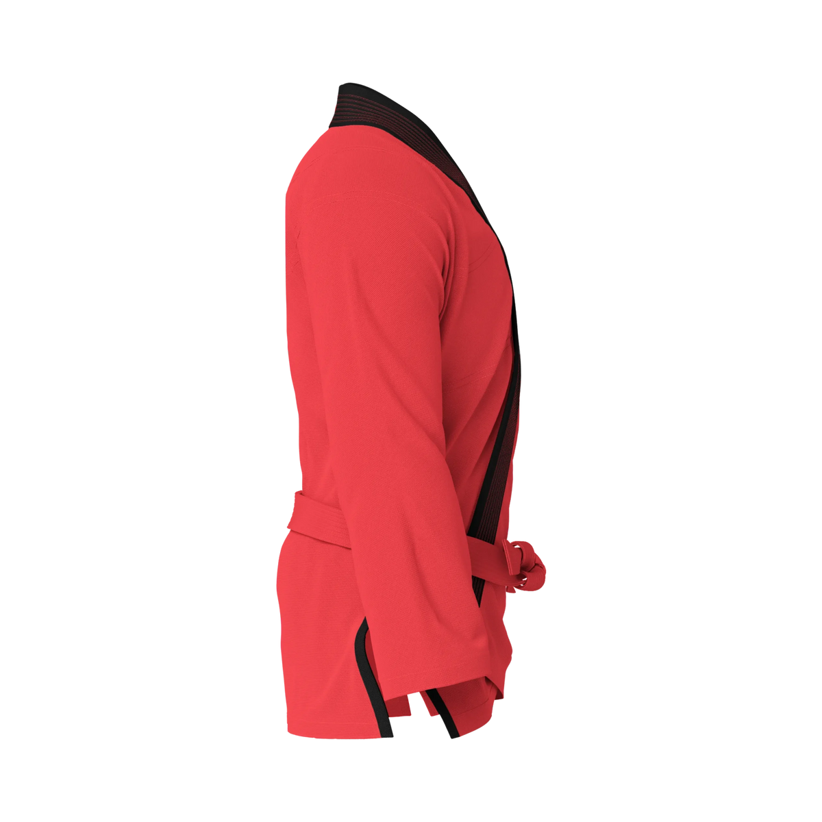 Side profile of female fit red gi highlighting reinforced stitching and athletic silhouette.