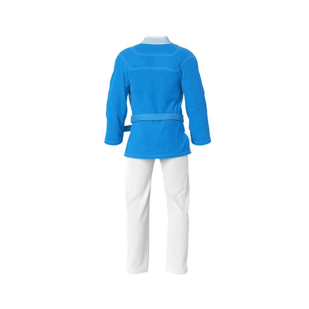 Durable sky blue gi back profile with strong seams for drills and sparring