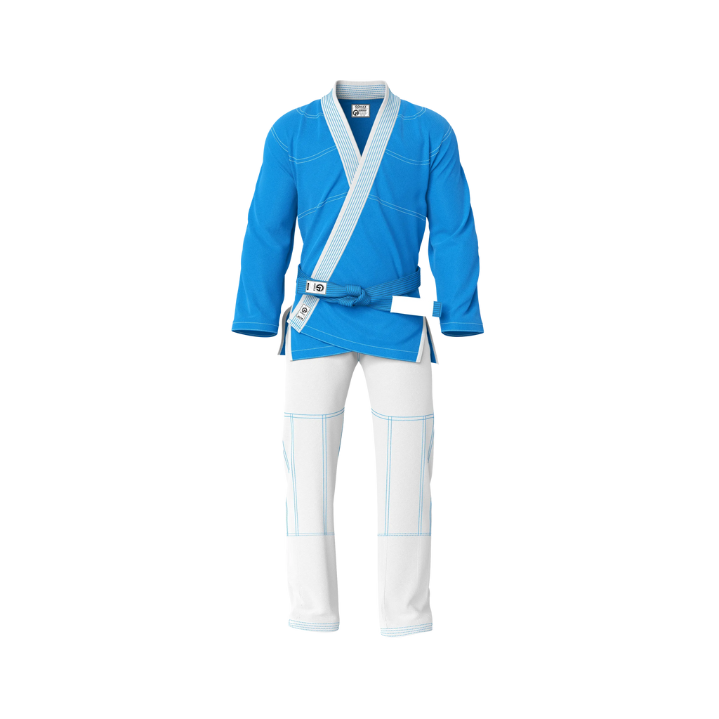 Sky blue gi for training front view showing durable weave and reinforced stitching