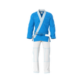 Sky blue gi for training front view showing durable weave and reinforced stitching