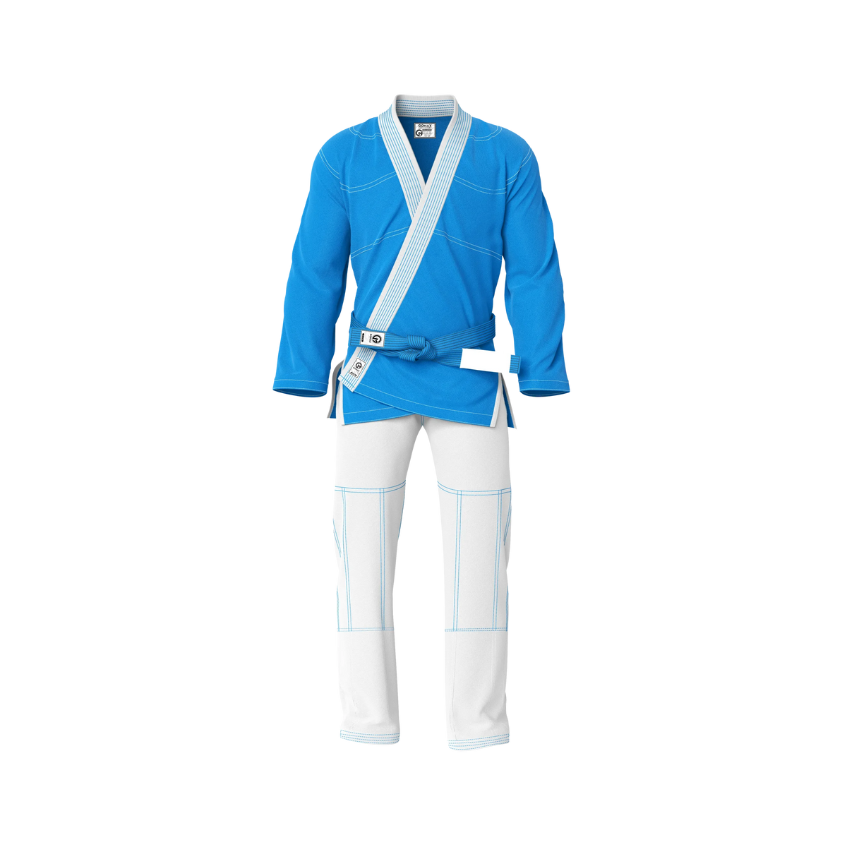 Sky blue gi for training front view showing durable weave and reinforced stitching