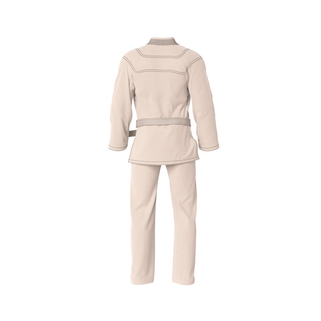 Cool cream BJJ gi back profile with reinforced stitching and minimal detailing