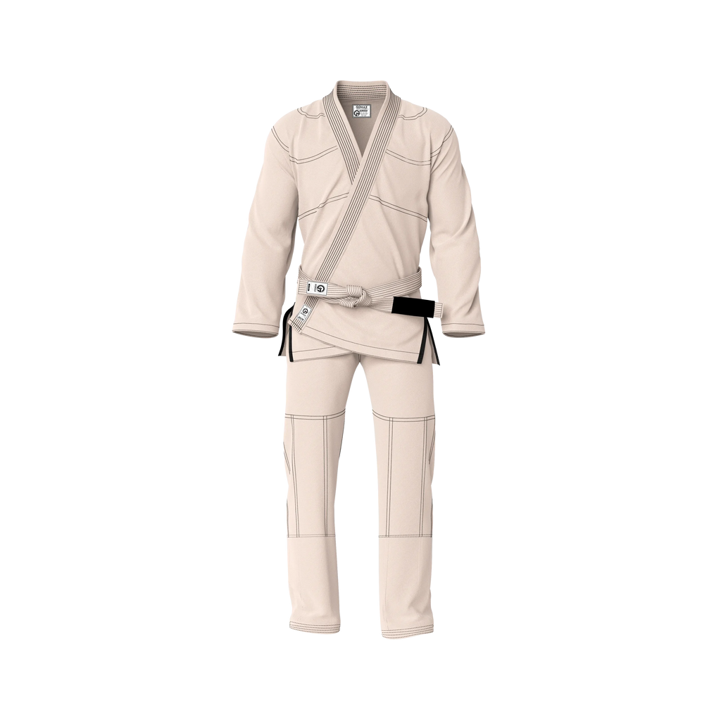 Stylish cream gi front view highlighting clean design and aesthetic fit for BJJ training