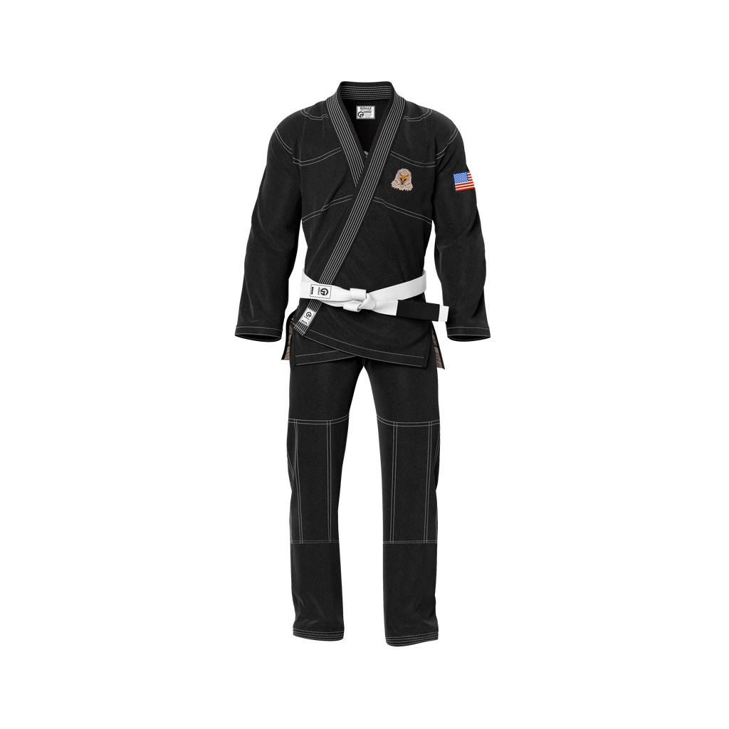 USA jiu jitsu gi men’s cut shown in academy setting with tapered fit and bold branding