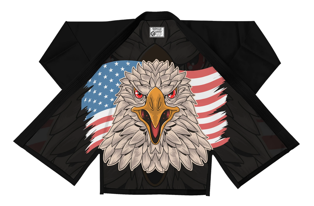 Patriotic BJJ gi for men worn by athlete during training with USA flag patch and eagle crest