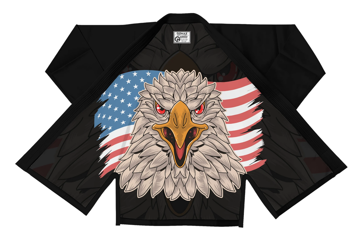 Patriotic BJJ gi for men worn by athlete during training with USA flag patch and eagle crest
